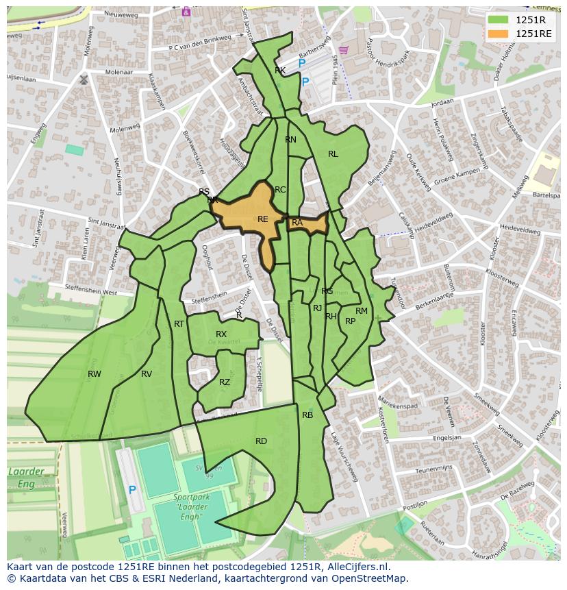 Afbeelding van het postcodegebied 1251 RE op de kaart.