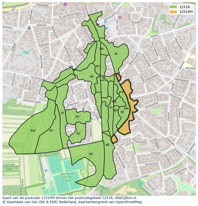 Afbeelding van het postcodegebied 1251 RM op de kaart.