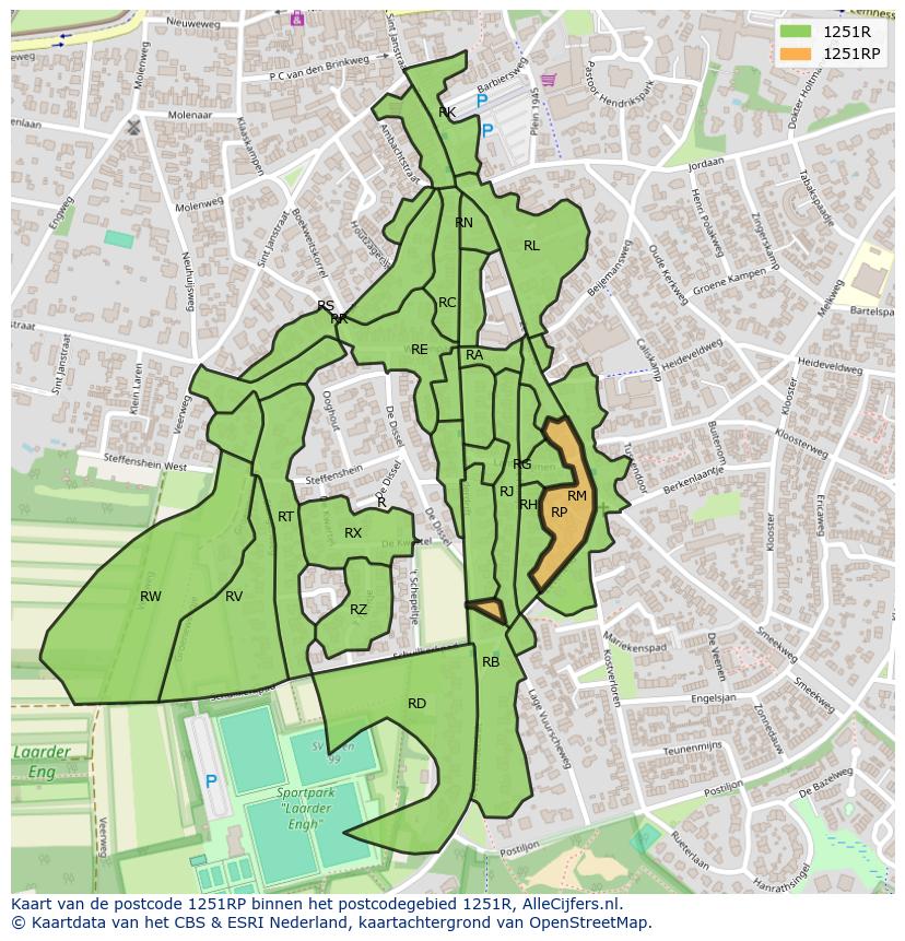 Afbeelding van het postcodegebied 1251 RP op de kaart.