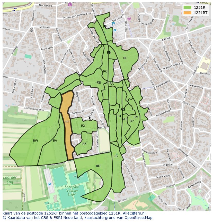 Afbeelding van het postcodegebied 1251 RT op de kaart.