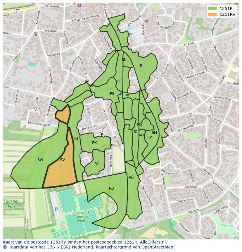 Afbeelding van het postcodegebied 1251 RV op de kaart.