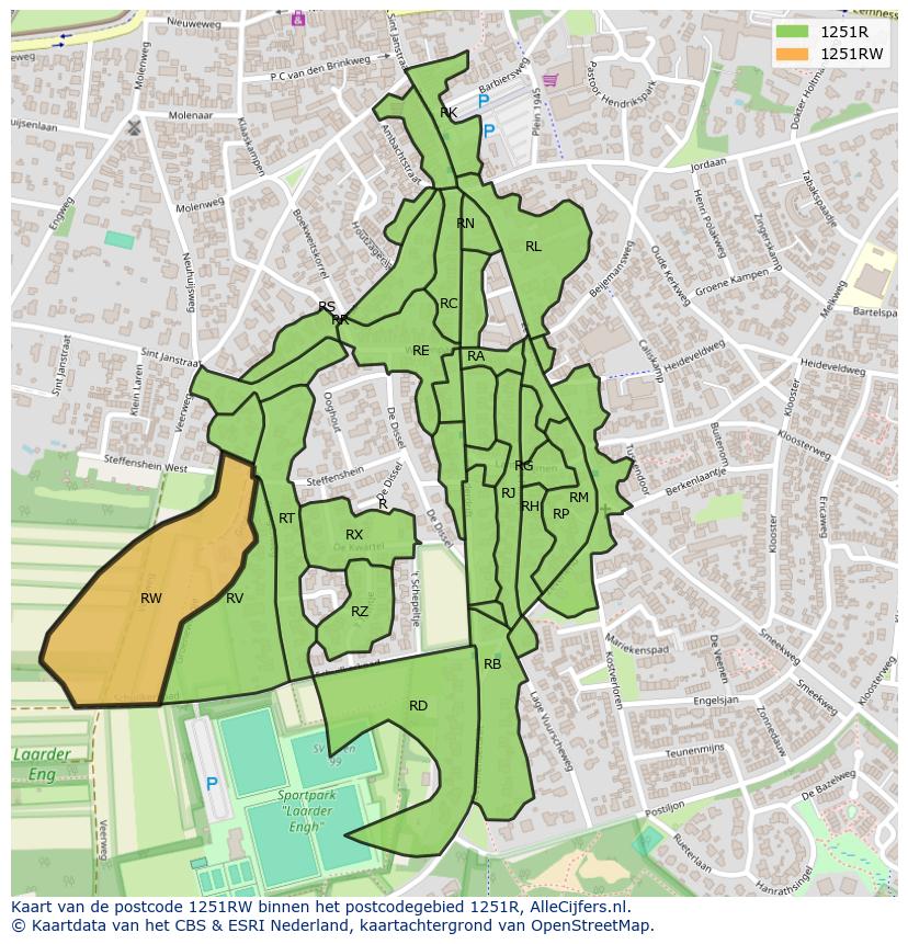 Afbeelding van het postcodegebied 1251 RW op de kaart.