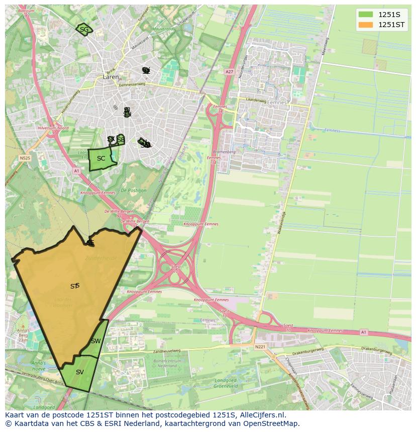 Afbeelding van het postcodegebied 1251 ST op de kaart.
