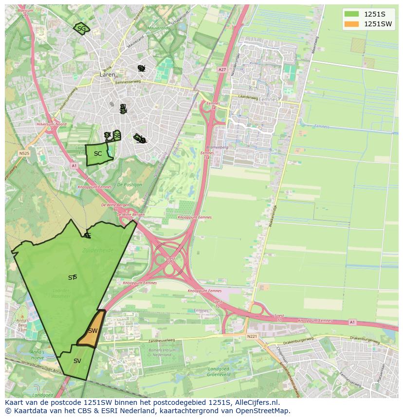 Afbeelding van het postcodegebied 1251 SW op de kaart.