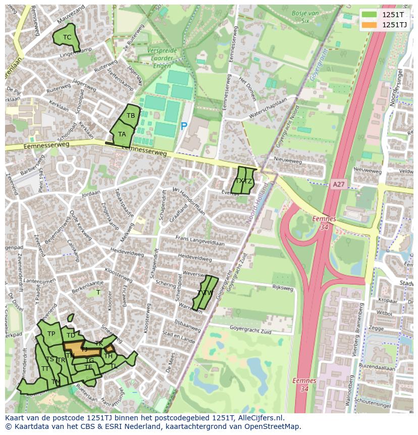 Afbeelding van het postcodegebied 1251 TJ op de kaart.