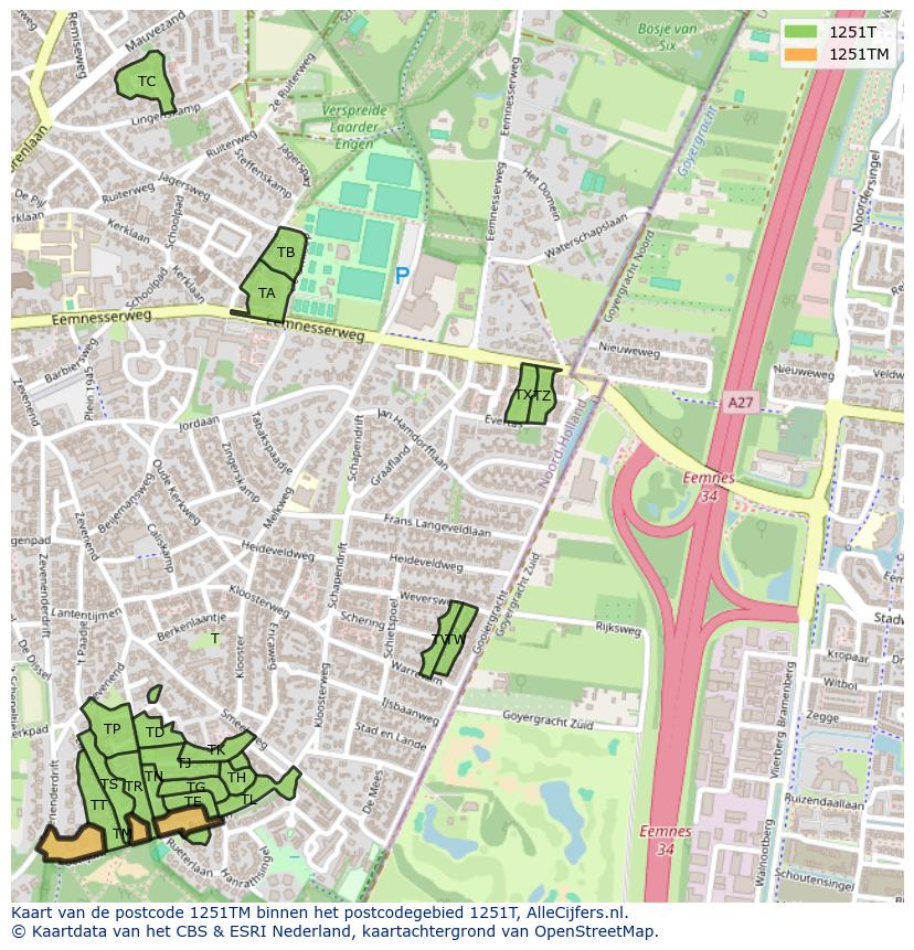 Afbeelding van het postcodegebied 1251 TM op de kaart.