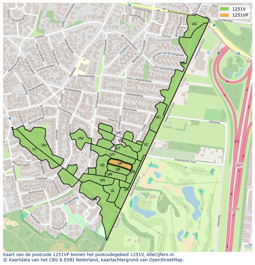 Afbeelding van het postcodegebied 1251 VP op de kaart.