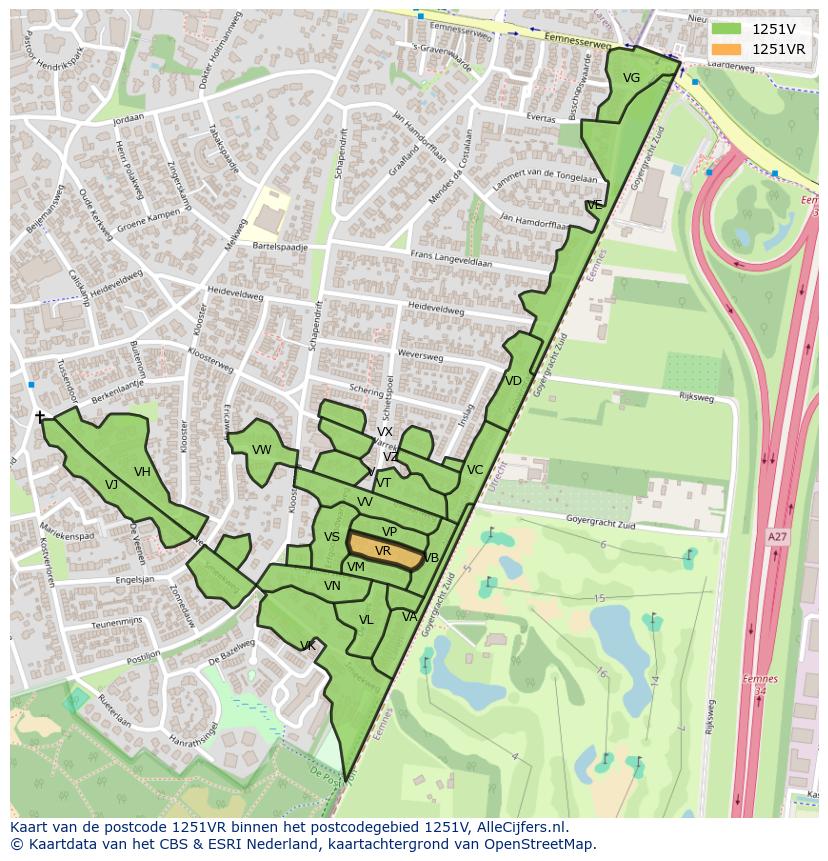 Afbeelding van het postcodegebied 1251 VR op de kaart.