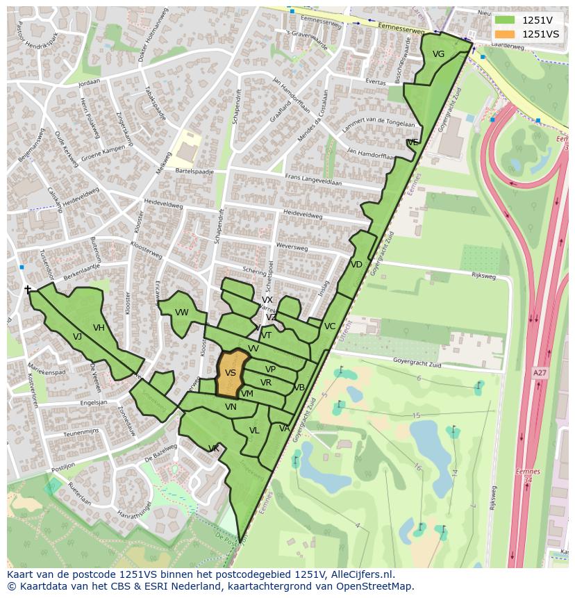 Afbeelding van het postcodegebied 1251 VS op de kaart.
