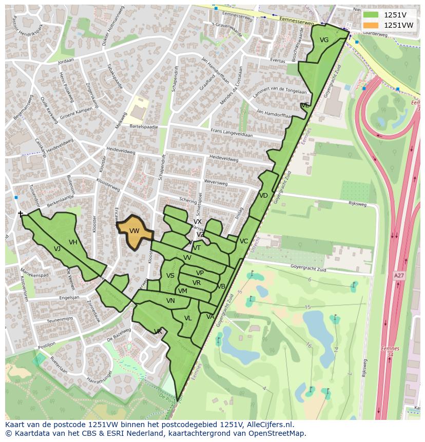 Afbeelding van het postcodegebied 1251 VW op de kaart.