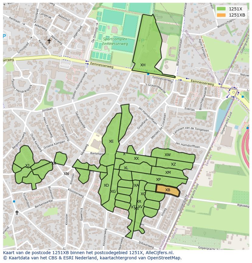 Afbeelding van het postcodegebied 1251 XB op de kaart.