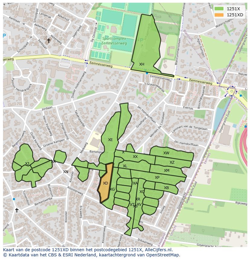 Afbeelding van het postcodegebied 1251 XD op de kaart.