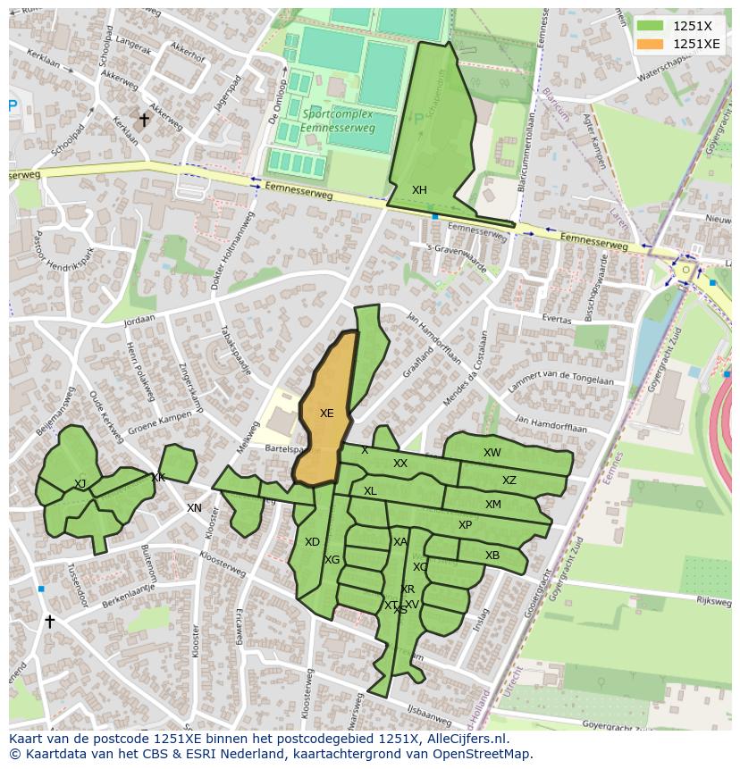 Afbeelding van het postcodegebied 1251 XE op de kaart.