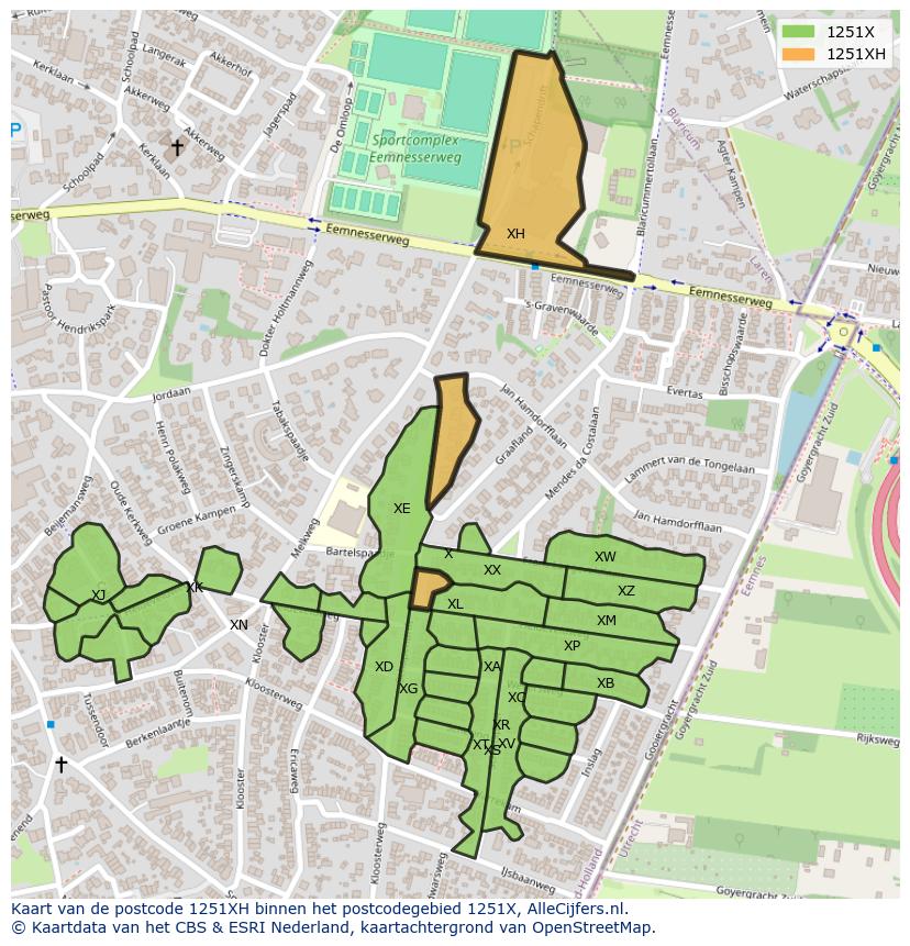 Afbeelding van het postcodegebied 1251 XH op de kaart.