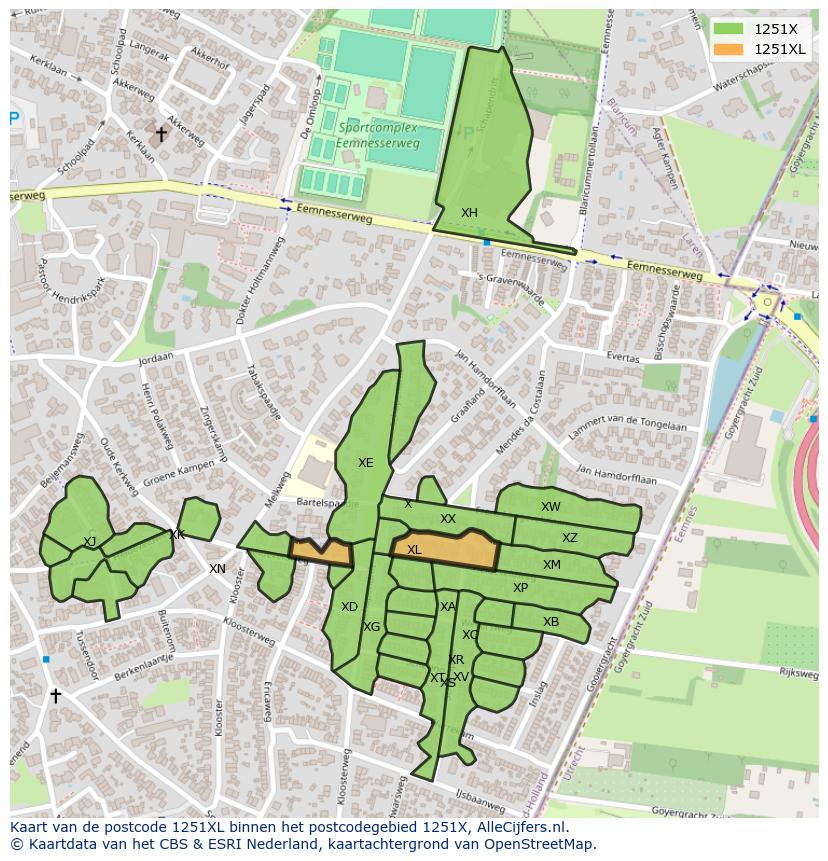 Afbeelding van het postcodegebied 1251 XL op de kaart.