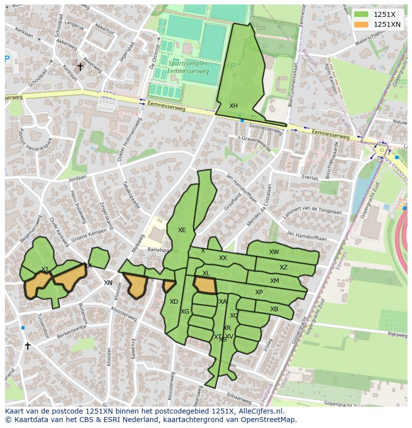 Afbeelding van het postcodegebied 1251 XN op de kaart.
