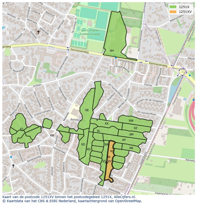 Afbeelding van het postcodegebied 1251 XV op de kaart.