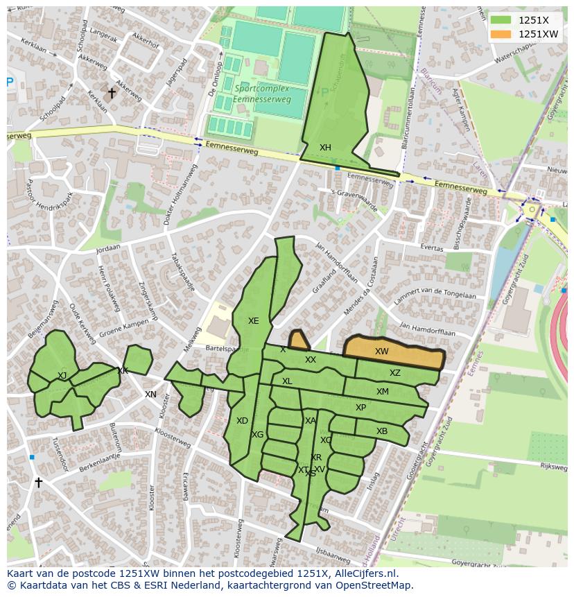 Afbeelding van het postcodegebied 1251 XW op de kaart.