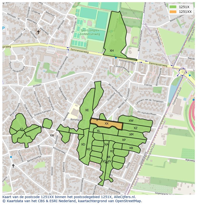 Afbeelding van het postcodegebied 1251 XX op de kaart.