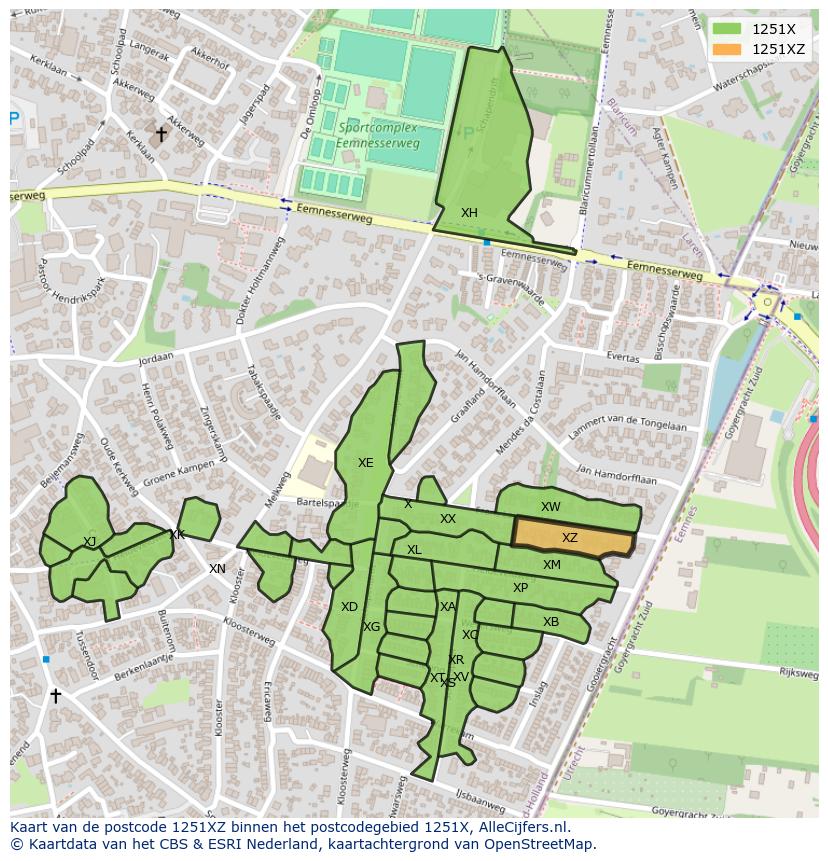 Afbeelding van het postcodegebied 1251 XZ op de kaart.