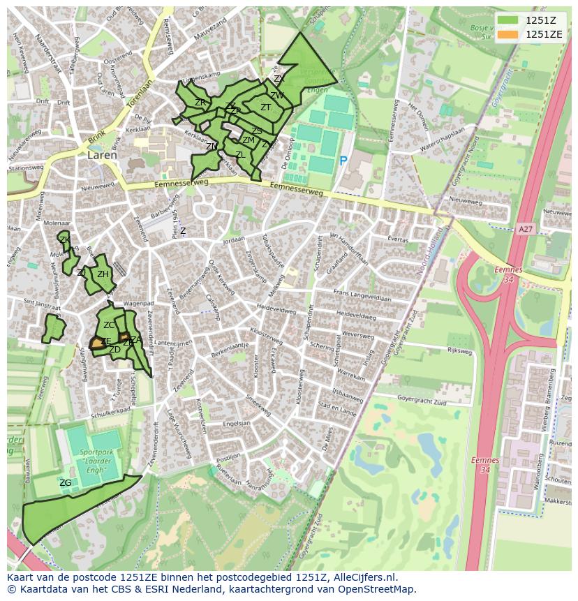 Afbeelding van het postcodegebied 1251 ZE op de kaart.