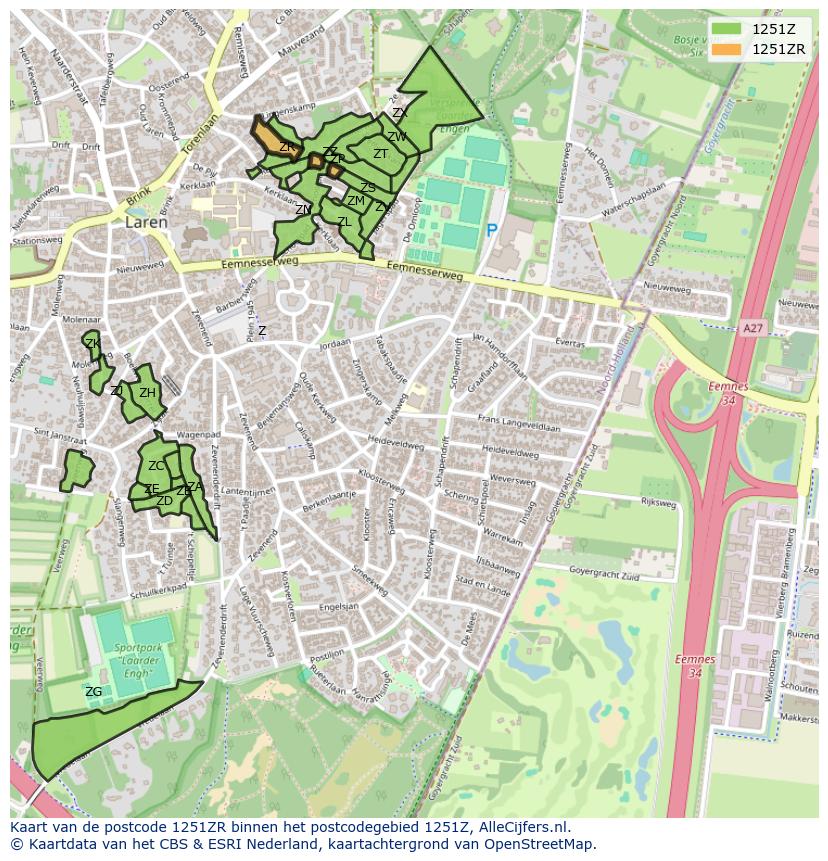 Afbeelding van het postcodegebied 1251 ZR op de kaart.