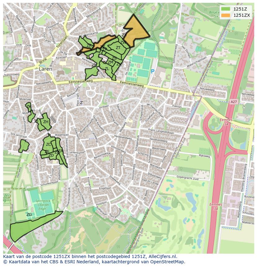 Afbeelding van het postcodegebied 1251 ZX op de kaart.