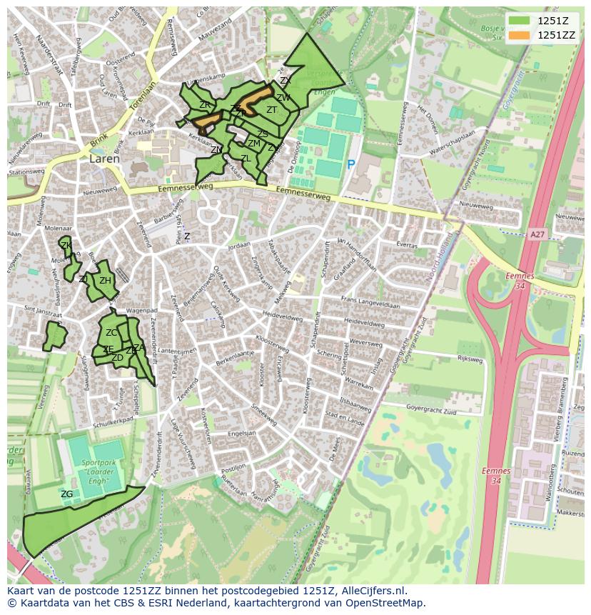 Afbeelding van het postcodegebied 1251 ZZ op de kaart.