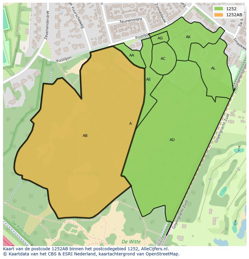Afbeelding van het postcodegebied 1252 AB op de kaart.