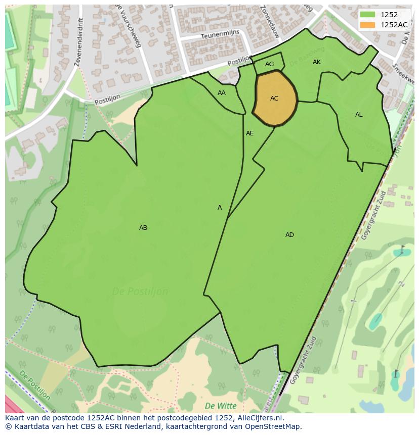 Afbeelding van het postcodegebied 1252 AC op de kaart.