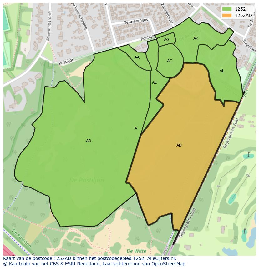 Afbeelding van het postcodegebied 1252 AD op de kaart.