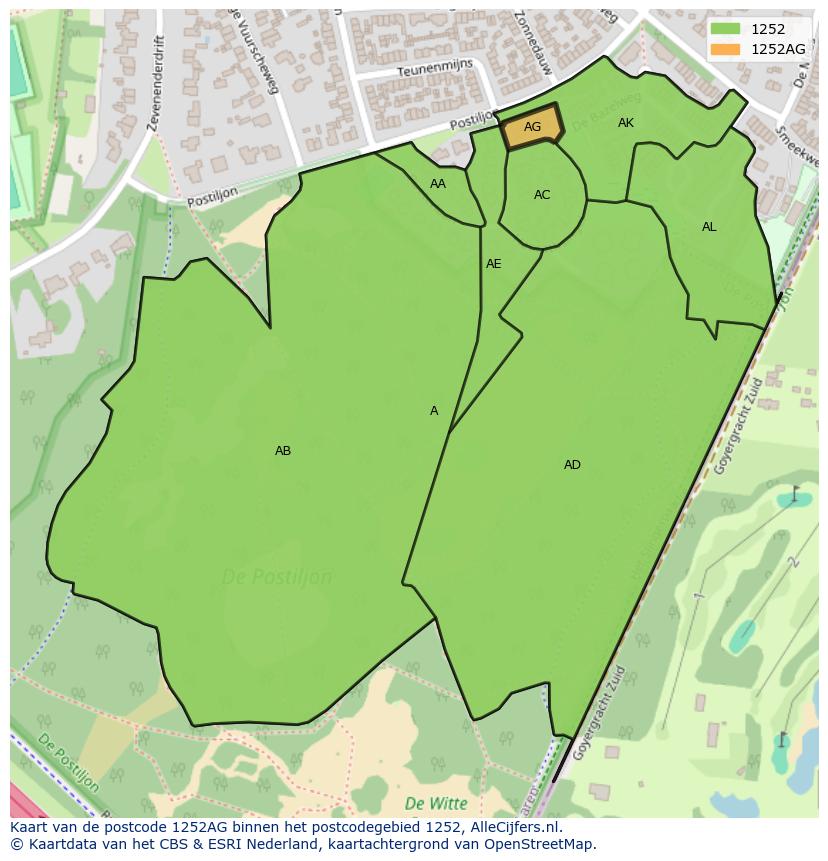 Afbeelding van het postcodegebied 1252 AG op de kaart.