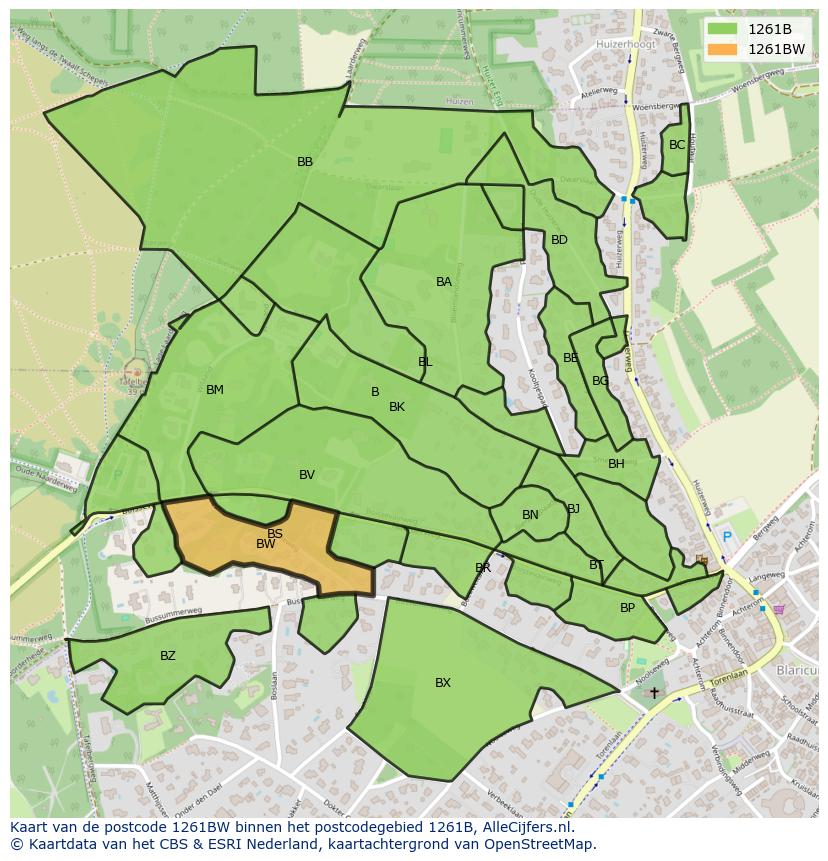 Afbeelding van het postcodegebied 1261 BW op de kaart.