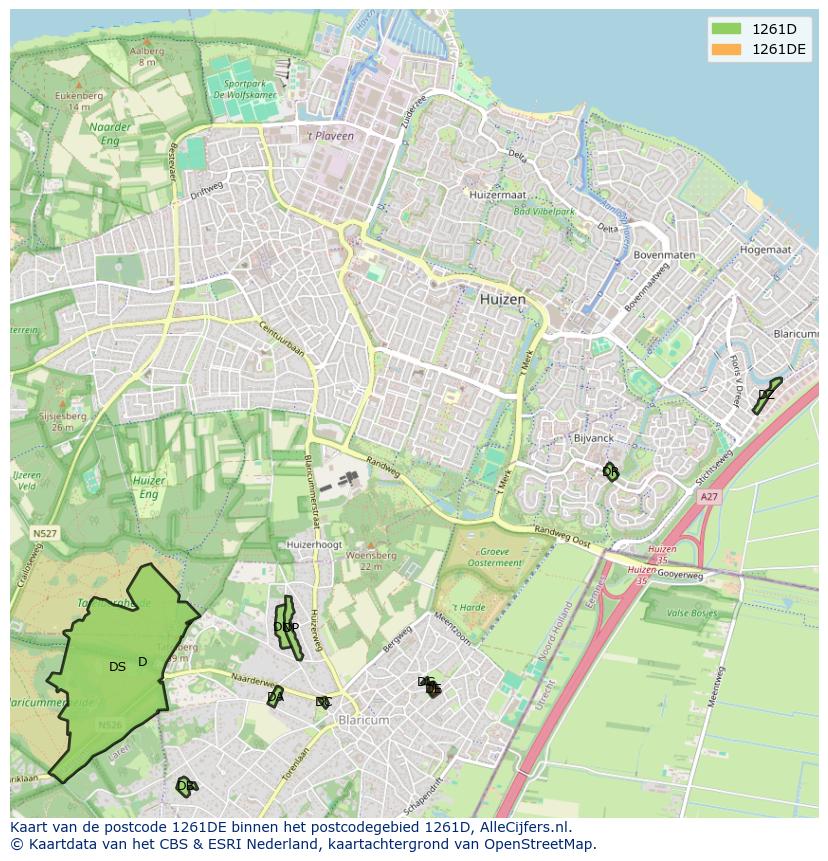 Afbeelding van het postcodegebied 1261 DE op de kaart.