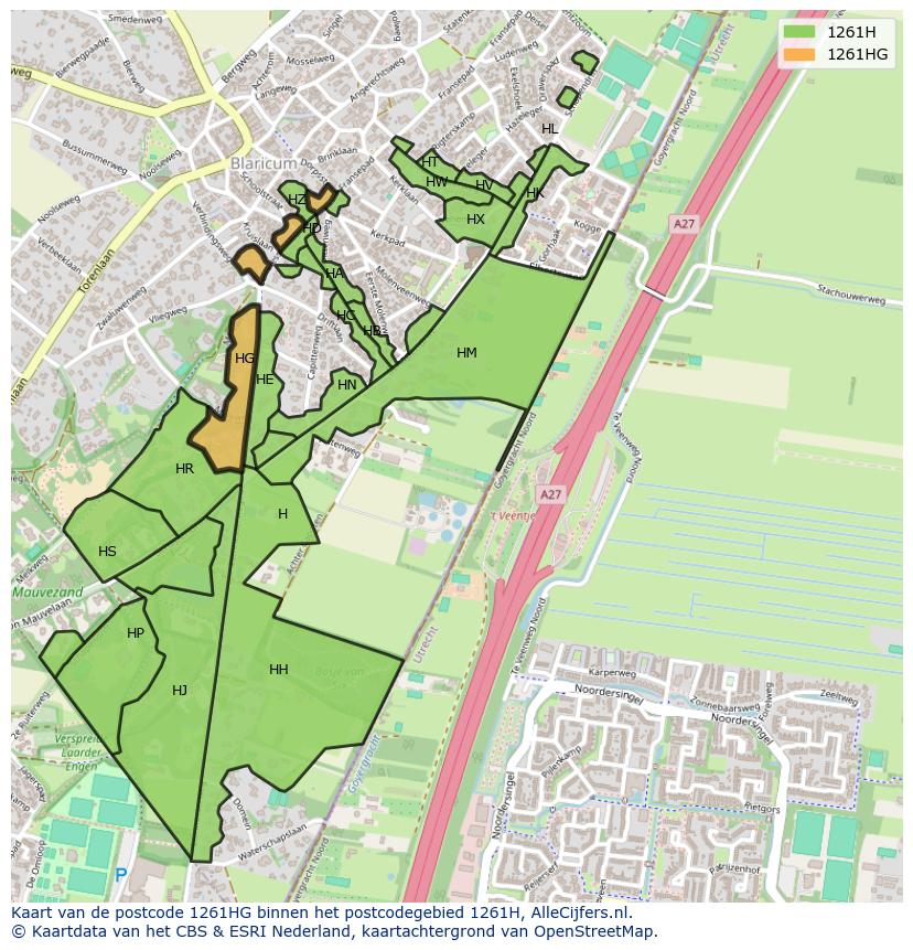 Afbeelding van het postcodegebied 1261 HG op de kaart.
