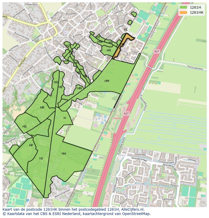 Afbeelding van het postcodegebied 1261 HK op de kaart.