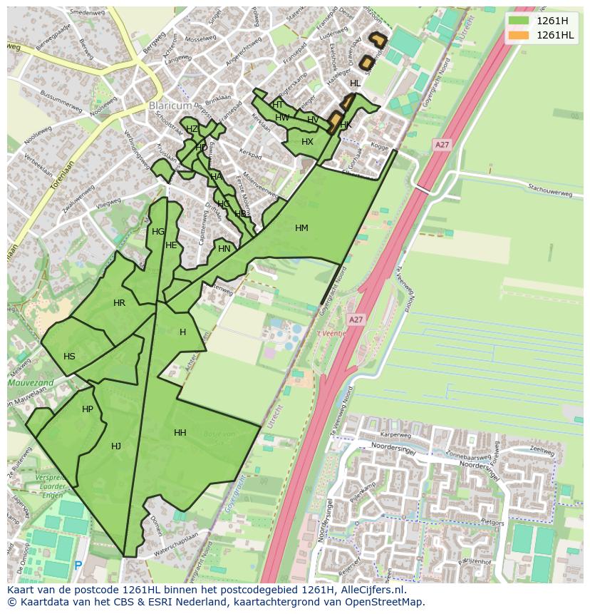 Afbeelding van het postcodegebied 1261 HL op de kaart.