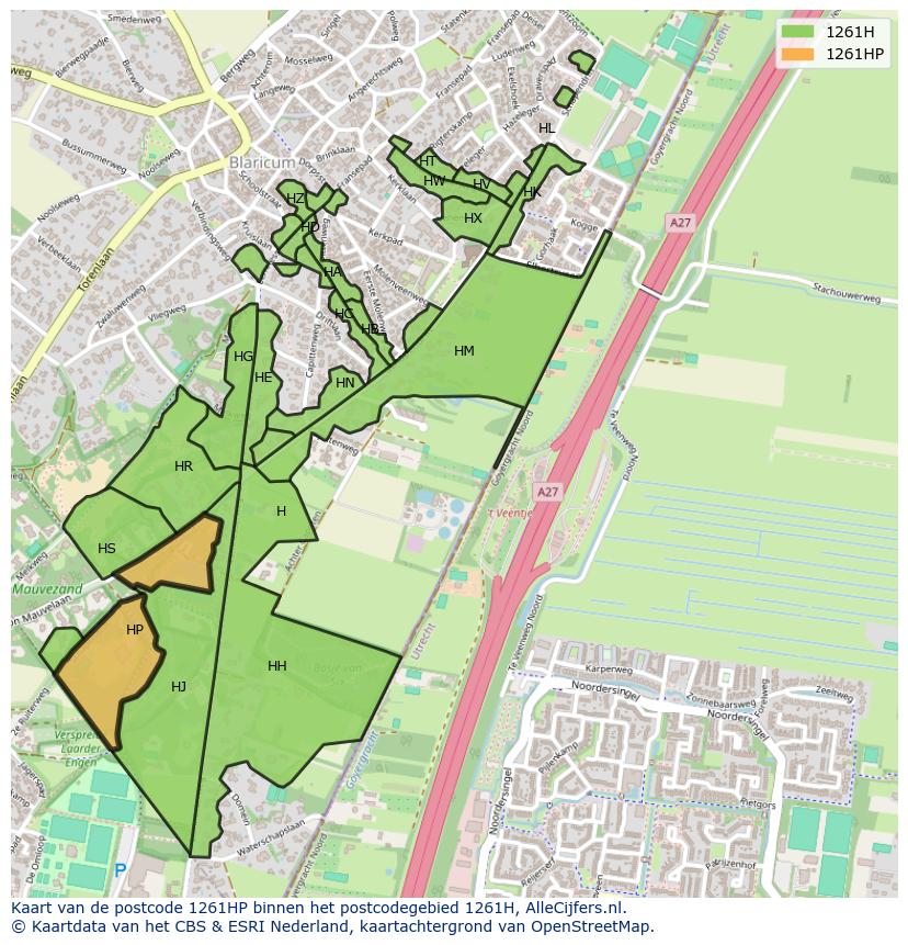 Afbeelding van het postcodegebied 1261 HP op de kaart.