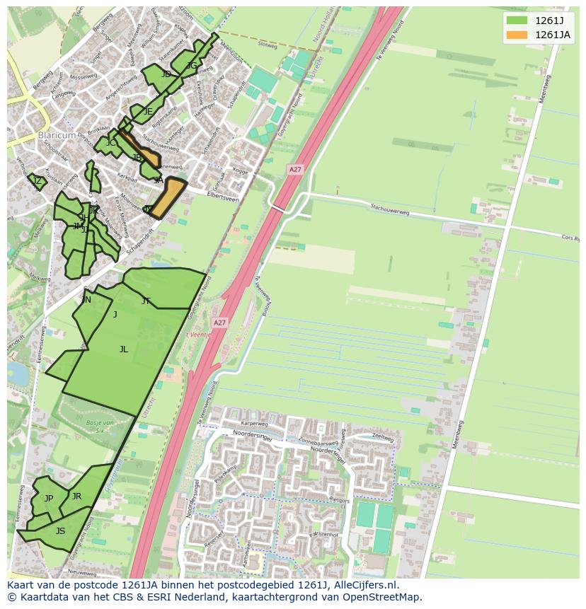 Afbeelding van het postcodegebied 1261 JA op de kaart.