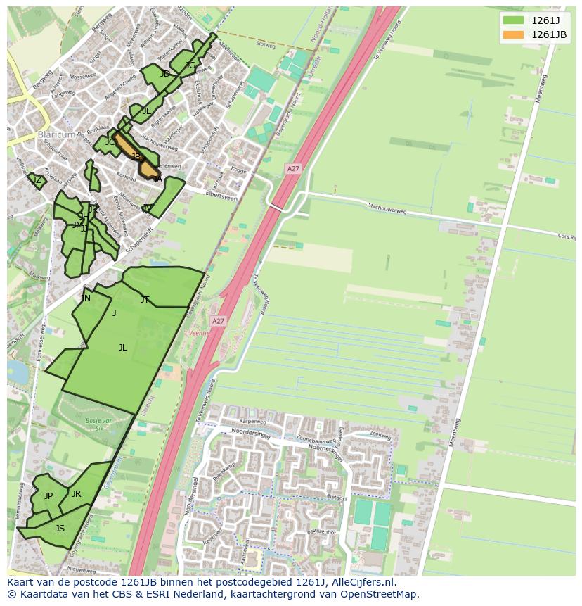Afbeelding van het postcodegebied 1261 JB op de kaart.