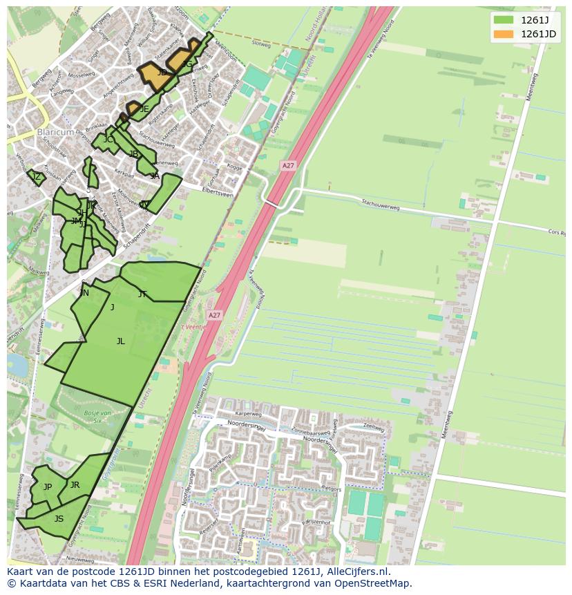 Afbeelding van het postcodegebied 1261 JD op de kaart.