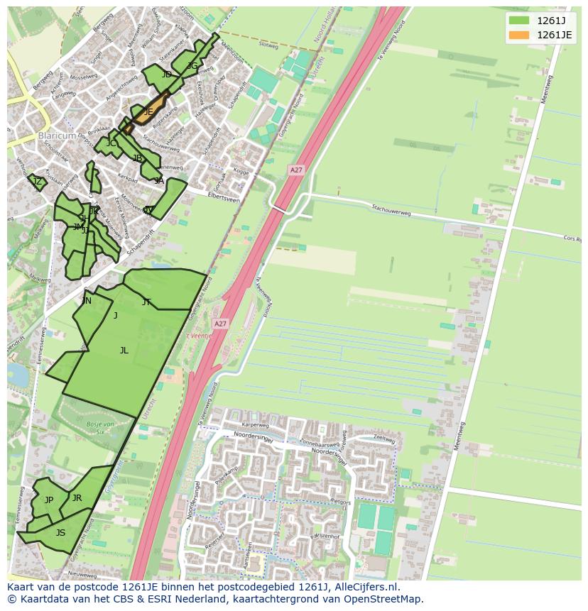 Afbeelding van het postcodegebied 1261 JE op de kaart.
