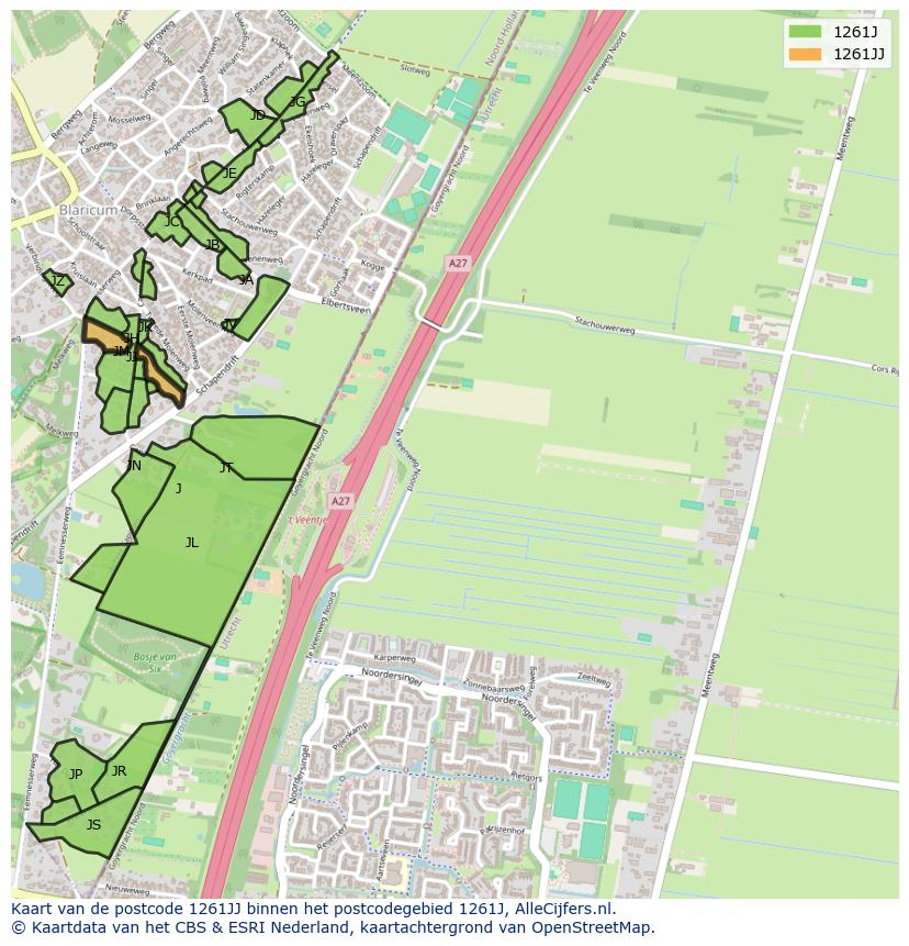 Afbeelding van het postcodegebied 1261 JJ op de kaart.