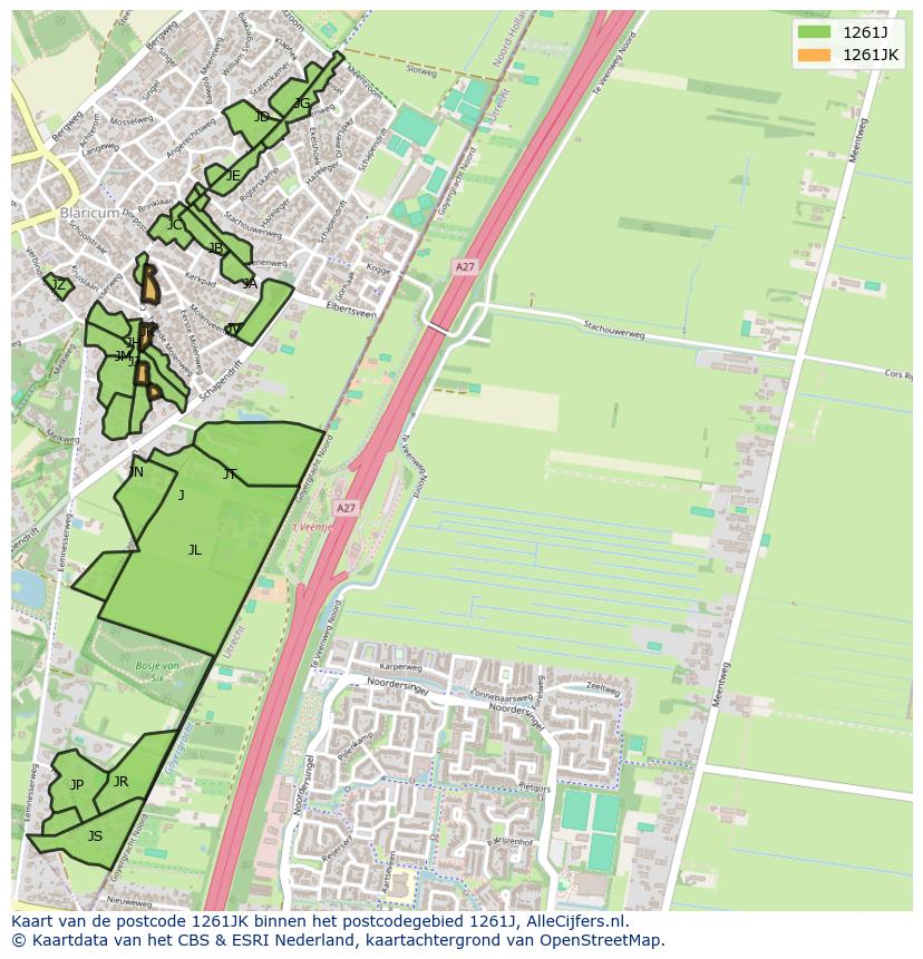 Afbeelding van het postcodegebied 1261 JK op de kaart.