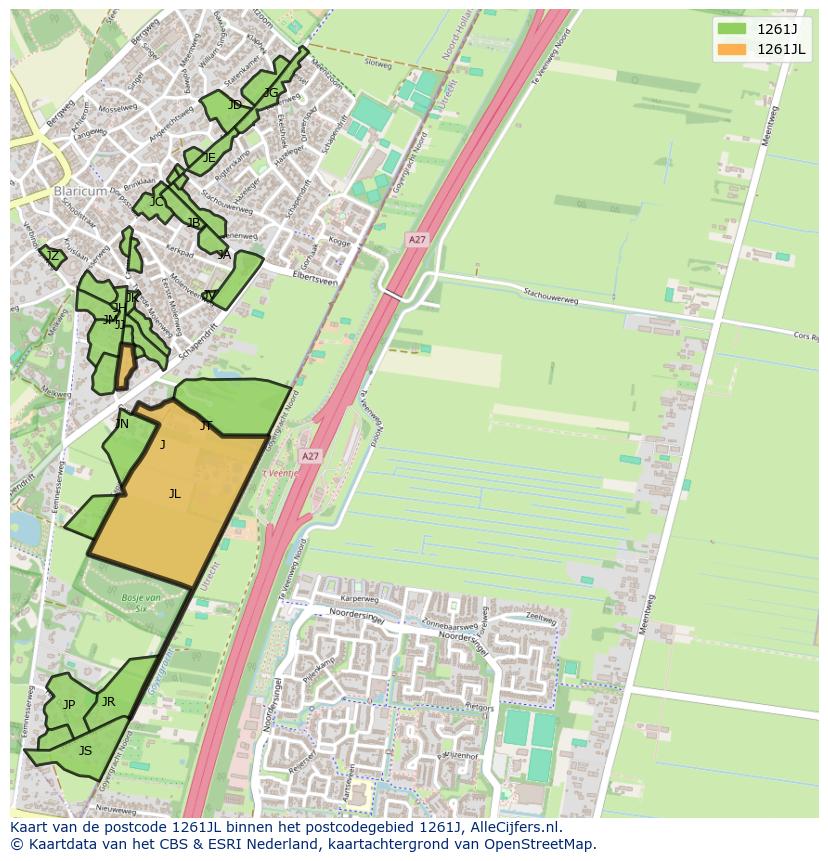 Afbeelding van het postcodegebied 1261 JL op de kaart.