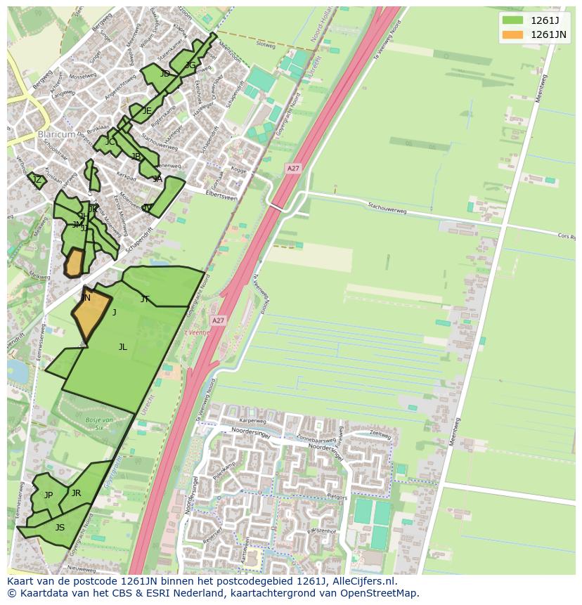 Afbeelding van het postcodegebied 1261 JN op de kaart.
