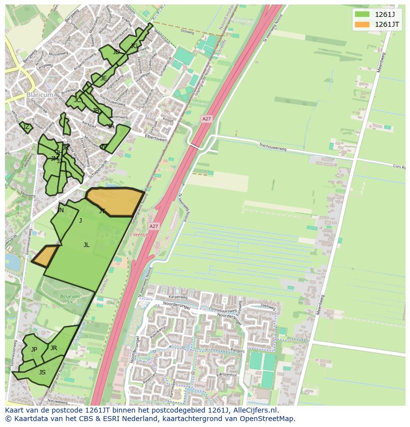 Afbeelding van het postcodegebied 1261 JT op de kaart.