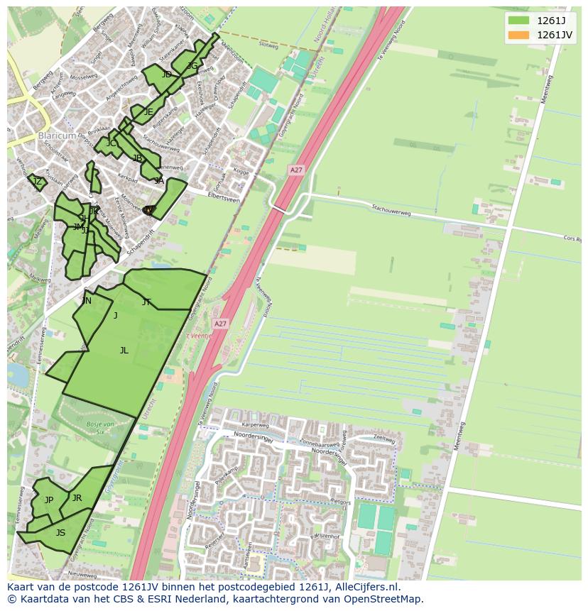 Afbeelding van het postcodegebied 1261 JV op de kaart.