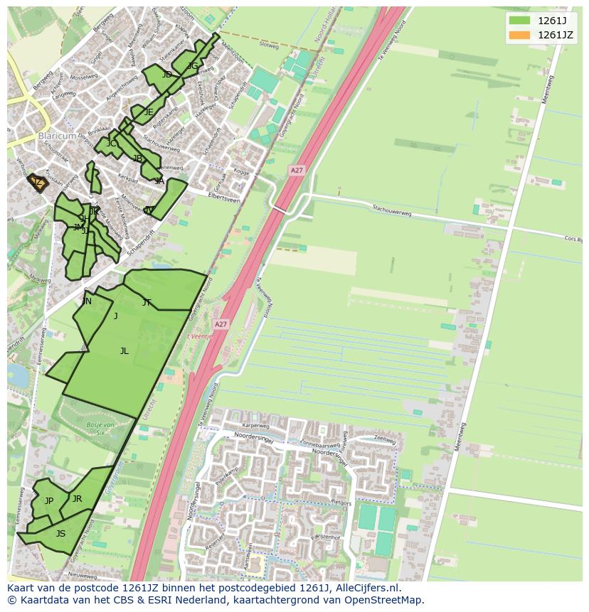 Afbeelding van het postcodegebied 1261 JZ op de kaart.