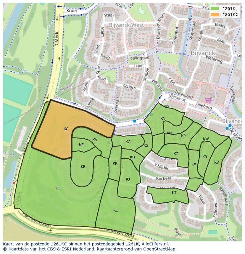 Afbeelding van het postcodegebied 1261 KC op de kaart.
